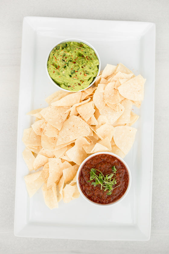 Guacamole + Fire Roasted Tomato Salsa, Artisan Tortilla Chips GF|DF