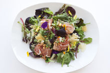  Pea and Prosciutto Salad with Mixed Baby Greens, Parmesan, Pine Nuts + Champagne Whole Grain Mustard Vinaigrette |GF