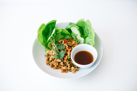 Asian Chicken Lettuce Wraps product photo (shown with butter lettuce leaf cups and sweet and spicy ginger hoisin)